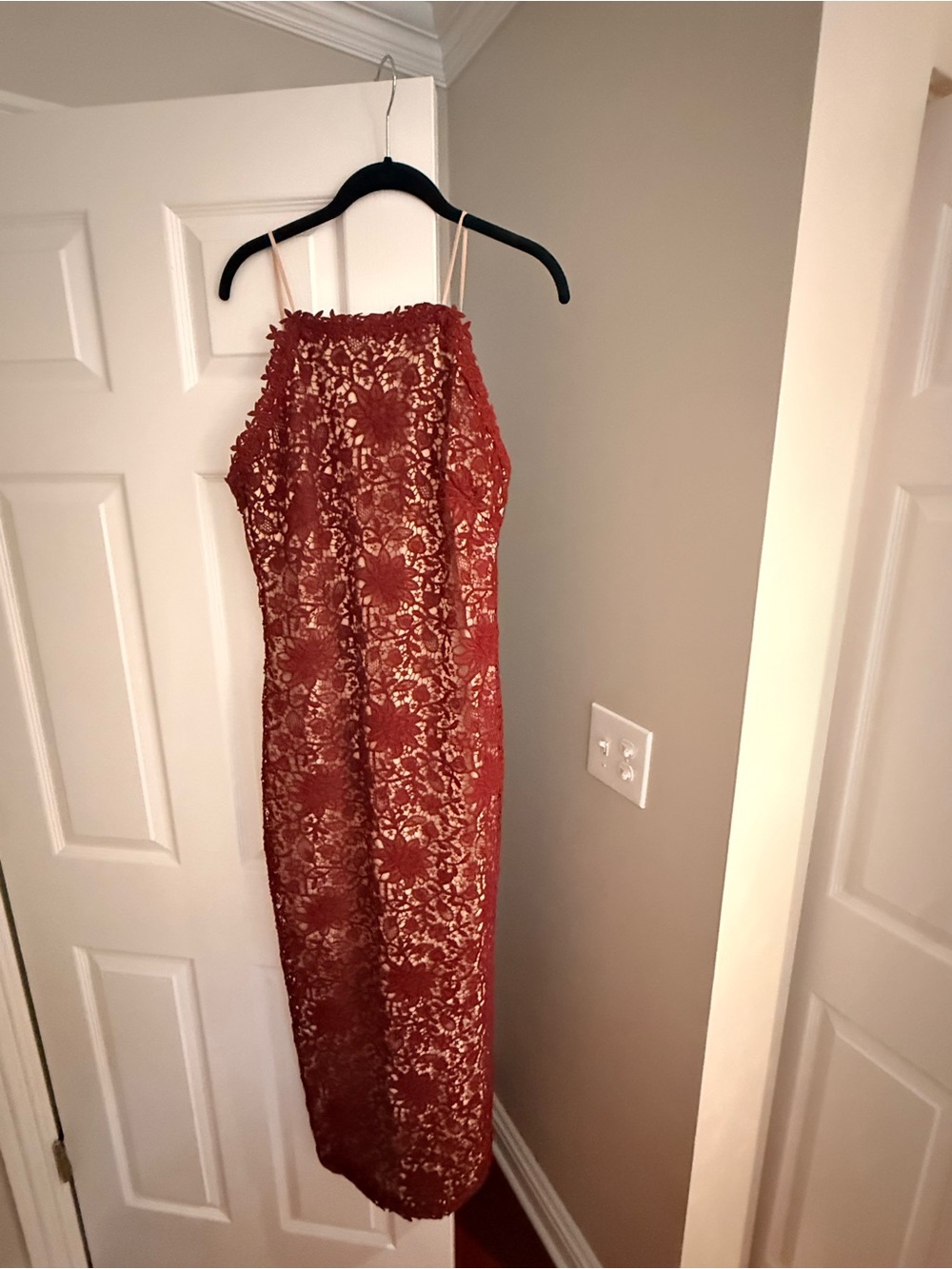 ANTONIO MELANI Rust Red Lace Maxi Dress with Spaghetti Straps